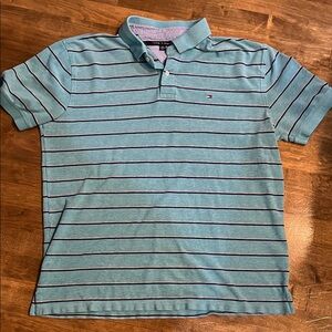 Tommy Hilfiger Blue and Green Polo Shirt with Stripes